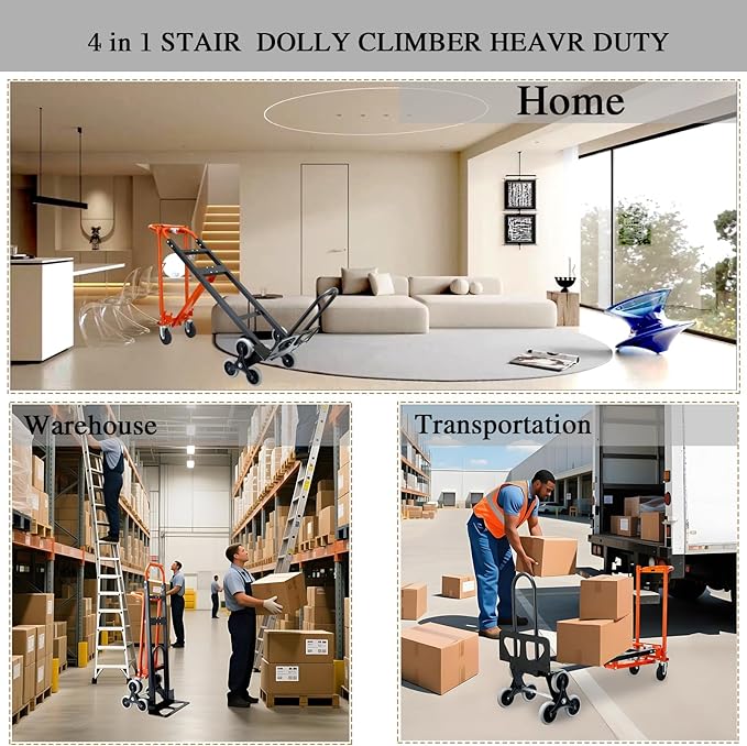 4 in 1Convertible Hand Truck Dolly for Stairs,1000 LBS Capacity Steel Hand Truck,Hand Trucks Heavy Duty Dolly Cart with Stair Climbing Wheels for Moving,Transport (Orange)