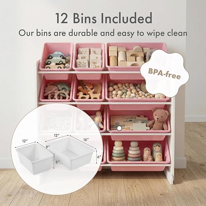 Humble Crew Toy Storage Organizer with 12 Removable Storage Bins for Kids Playroom, 4-Tier Toddler Toy Organization and Storage, White/Pink/Purple/Turquoise