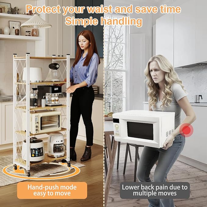 5-Tier Foldable Storage Shelves with Wheels | Portable Structure, Suitable for kitchen, bedroom, living room, bathroom, garage, wood grain transfer, 59*26*13in