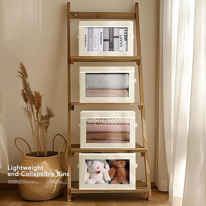 Homsorout Storage Boxes with Lids - 3 Pack Fabric Clear Window Storage Bins, Collapsible Storage Bins with Lids, Linen Closet Organizer for Clothes, Towel, Blanket, Beige