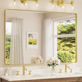 TETOTE 60 x 40 Inch Brushed Gold Frame Mirror, Brass Bathroom Vanity Mirror for Wall, Modern Rectangle Round Corner Matte Framed Mirror (Horizontal/Vertical)