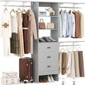 Besiost Closet System with Drawer - 8FT Wood Closet Organizer System with 3 Hanging Rods and Shelving Tower, 96" Walk In Closet Organizer Wardrobe, Heavy Duty Garment Rack Clothes Rack, Grey