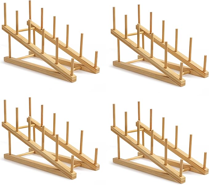 HBlife 4pcs Step Bamboo Wooden Dish Drying Rack Kitchen Plate Display Stand | Plate/Dish/Book/File/Bowl/Cup/Cutting Board/Pot Lid Organizer, For Home & Kitchen Counter, Office, Display Cabinet