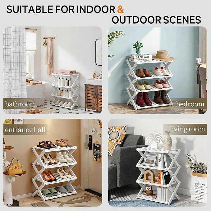4 Tier Bamboo Shoe Rack White,Portable Folding Shoe Storage Rack,Without Installation Small Shoe Rack Perfect for Corridors, Drom, Bedrooms and Small Spaces