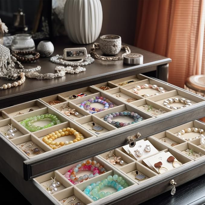 Highergo 8 Pcs Velvet Jewelry Trays Stackable Drawers Organizer Ring Earring Bracelet Necklace Storage Trays, 8.3x4.7x1''(6 Uneven Grids)