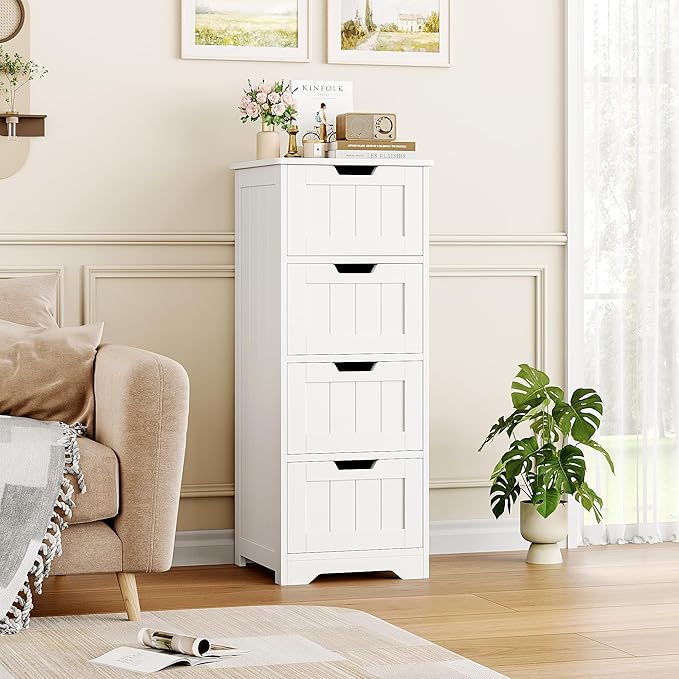 FOTOSOK Bathroom Storage Cabinet, Bathroom Cabinet with 4 Drawers, 11.8 x 11.8 x 32.5 Inches Small Bathroom Storage Cabinet, Freestanding Floor Bathroom Organizers and Storage for Entryway, White