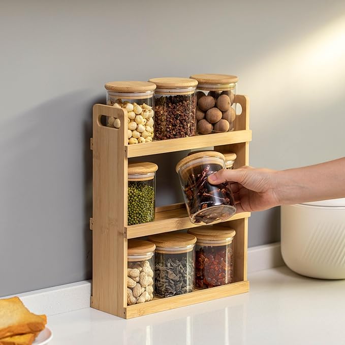 Basicwise Versatile 3-Tier Bamboo Spice Rack and Pantry Organizer with 9 Glass Jars – Perfect for Countertop Storage in Kitchens to Keep Seasoning Containers Neatly Displayed and Easily Accessible