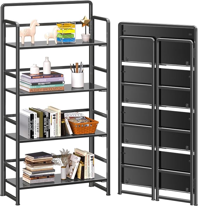 4NM No Assembly Folding Bookshelf, 4-Shelf 54" H Collapsible Foldable Bookcase Storage for Small Spaces, All Black