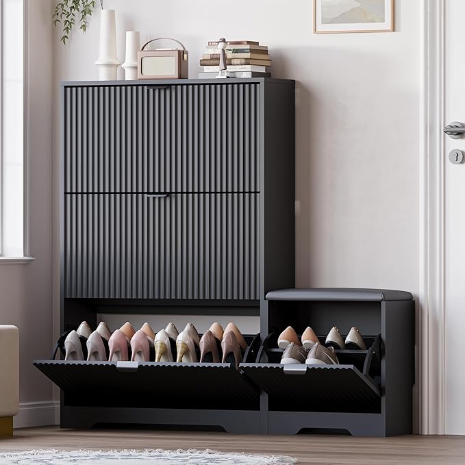 BORNOON Slim Shoe Cabinet with Bench for Entryway, Hidden Storage and Adjustable Shelves, Free Standing Wooden Shoes Organizer for Hallway, Foyer