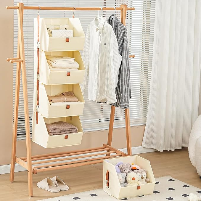 4 Tier Hanging Closet Organizer,Disassemblable Clothes Hanging Shelves,Fabric Closet Organizer System for Space-Saving,Foldable Storage Basket for Bedroom, Rv (2 Pack,Beige)