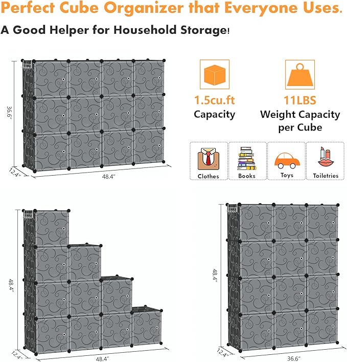 C&AHOME Cube Storage Organizer with Doors, 12-Cube Shelves, Closet Cabinet, DIY Plastic Modular Bookshelf Ideal for Bedroom, Living Room, 36.6”L x 12.4”W x 48.4”H Black USHS3012B-DOOR