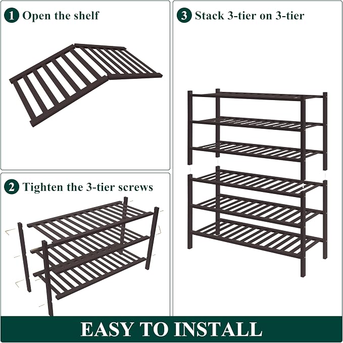 Smiry Bamboo Shoe Rack for Closet, 6 Tier Wooden Shoe Organizer, Stackable Wood Shoe Storage Shelf for Entryway, 14 Vertical Slats, 3+3 Stack Heavy-Duty Legs, 26.77"x11.02"x36.61", Brown