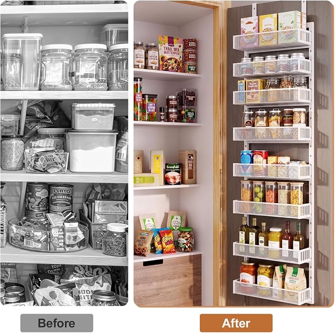 Over the Door Pantry Organizer, 8-Tier Heavy-Duty Door Spice Rack with Mesh Baskets, Height Adjustable & Anti-Swing Design, Pantry Door Organizers and Storage for Kitchen, Bathroom