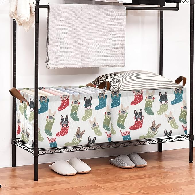Cute Christmas French Bulldogs Storage Basket Foldable Cube Storage Bins with Handles&Label Waterproof Organizer Box Bin Large Rectangle Decorative Baskets for Shelves Home Room Laundry-2 Pack