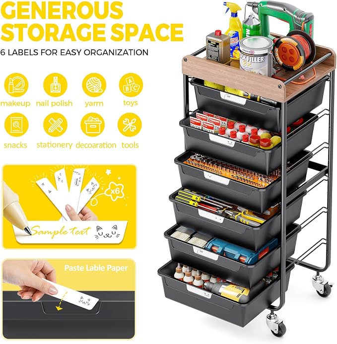 SYKIARIOL Utility Cart with 6 Labeling Drawers and Wooden Tabletop – Rolling Storage Cart for Crafters, Artists, Kids, Teachers, and Students – Organize Arts, Crafts, Sewing & Study Supplies
