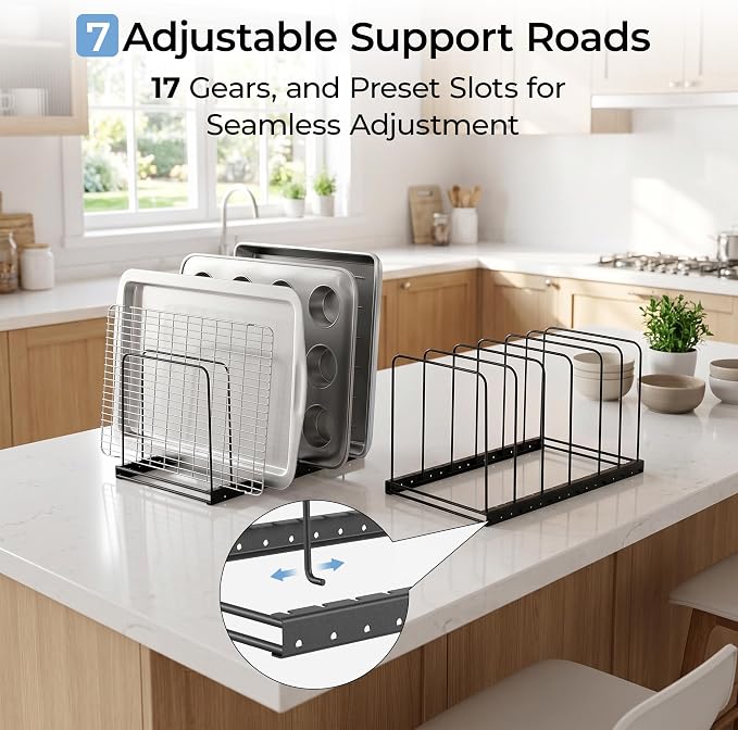 ORDORA 2 Pack Cutting Board Holder Stand Organizer Rack for Cabinet, 7 Slot Adjustable Dividers Baking Sheet Organizer for Counterop, Chopping Board Holder for Cookie Sheet, Baking Tray and Thin Pans