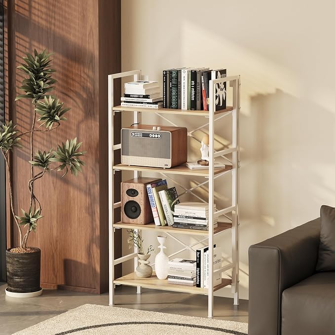4 Tier Folding Bookshelf, Foldable Book Shelf, Industrial Metal Tall Bookcase, Etagere Book Shelf Storage Organizer for Living Room, Bedroom, and Home Office (Light Coffee, 4 Tier)