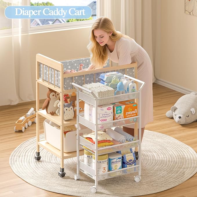 2 Pack Baby Diaper Caddy Cart, 4-Tier Diaper Caddy Organizer and Storage, Rolling Utility Cart for Baby Supplies, Diaper Cart with Wheels for Bedroom, Nursery, Changing Table, White