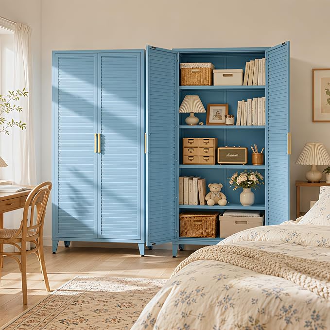 Blue Metal Storage Cabinet with Doors Pantry Cabinet with 3 Adjustable Shelves, 61" Tall Steel Kitchen Storage Locker for Kitchen Living Room Bedroom Home Bathroom