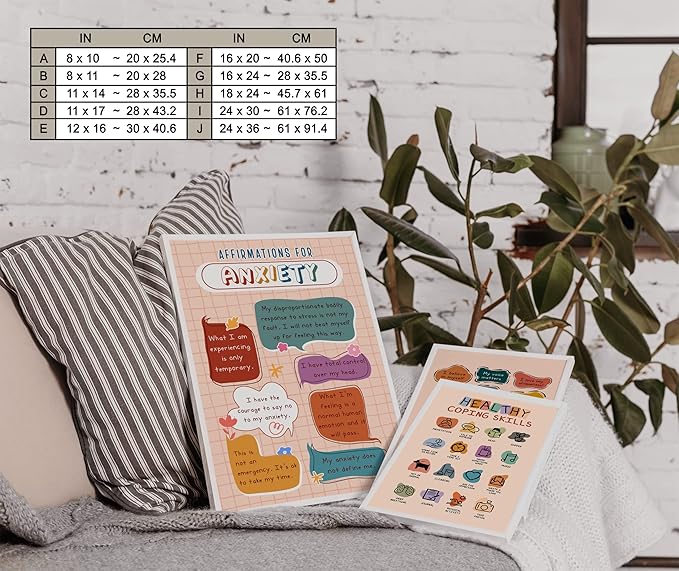 LOLUIS Mental Health Poster, Boho Therapy Tools Educational Supplies Art Print Classroom School Office Decor (Affirmations for Anxiety, Custom Frame Type)