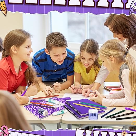 Gilprop 39 Pcs Back to School Supplies Essentials Bundle Include Pencils Scissors Ruler Eraser Crayon Sharpener Notebook Pencil Case Folder Notebook(Purple)