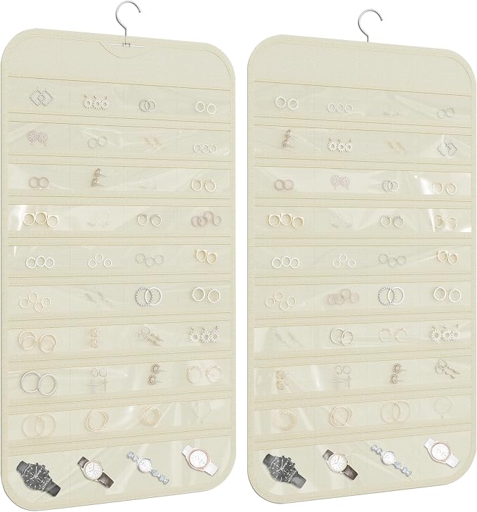 Hanging Jewelry Organizer 80-Pocket Double-Sided Storage, 1-Pack, Beige