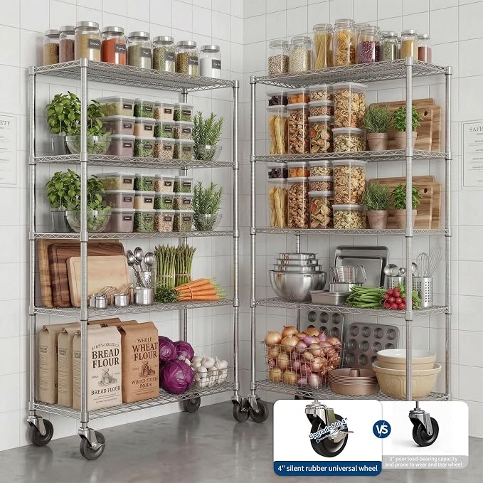 Garvee 5-Tier Metal Shelving with Wheels, Adjustable Storage Shelves Heavy Duty 2000LBS, Chrome Plating Utility Rack NSF Wire Shelving, for Kitchen, Garage, Pantry, Commercial, 47.2" Wx17.7 Dx70.9 H