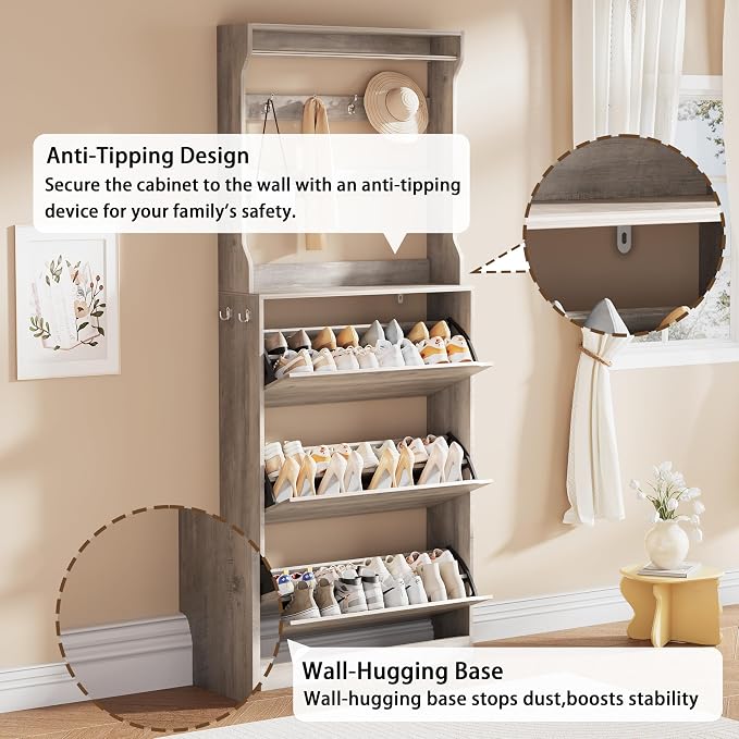 Shoe Storage Cabinet, Wood Shoe Organizer for Entryway with 3 Flip Drawers, Freestanding Shoe Rack with Adjustable Shelf, Narrow Shoe Dresser for Front Door Entrance (Grey, Tall 3 Drawers)