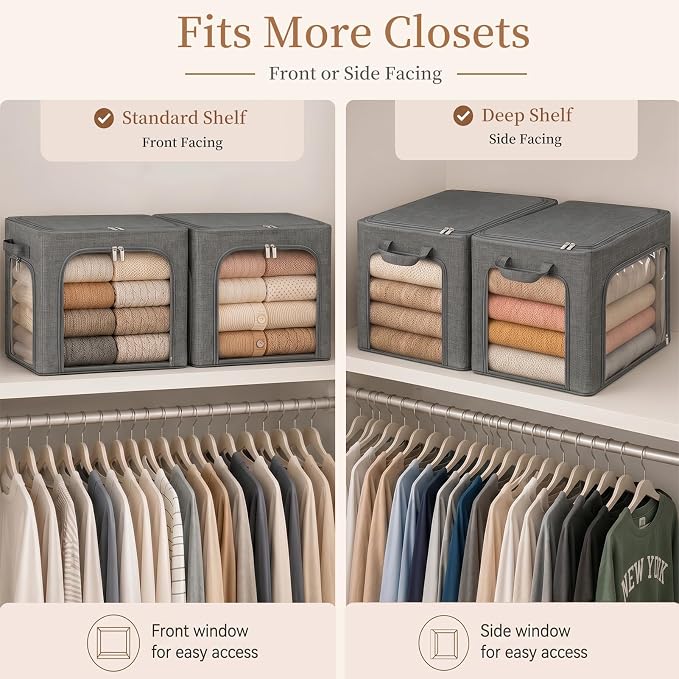 GoMaihe 3 Opening Clothes Storage Bins with Metal Frame, 40L Sweater Storage Organizer for Upper Shelf Closet Storage Boxes with Clear Window for Hoodies Jeans Towel 3-Pack Grey