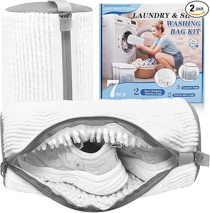 3-IN-1 Laundry & Shoe Washing Machine Bag : Laundry Shoe Bag for Washer & Dryer,Shoe Cleaning Bag for Sneakers,Tennis,Self-locking Zipper & Microfiber,Include 3 Laundry Bag & 2 Shoe Bag