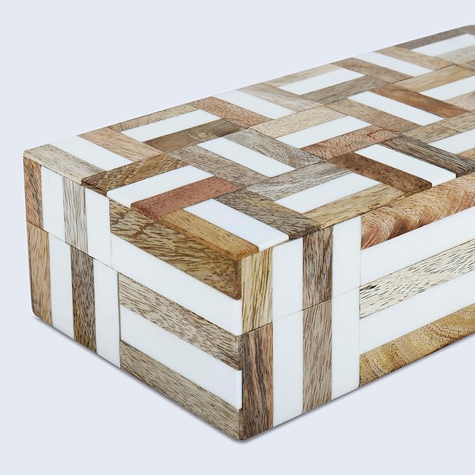 Handicrafts Home White Decorative Storage Box with Lid Wooden Coffee Table Storage Box Decorative Organizer for Living Room Decor – Resin Inlay Marquet Chase Collection - 10x4.5x2.5