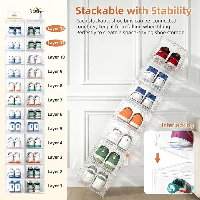 KEFA XL Shoe Storage Box Organizer, 8 Pack Shoe Boxes Clear Plastic Stackable, Sneaker Display Case Container Fit for US 15 (Drop 8 PACK CLEAR)