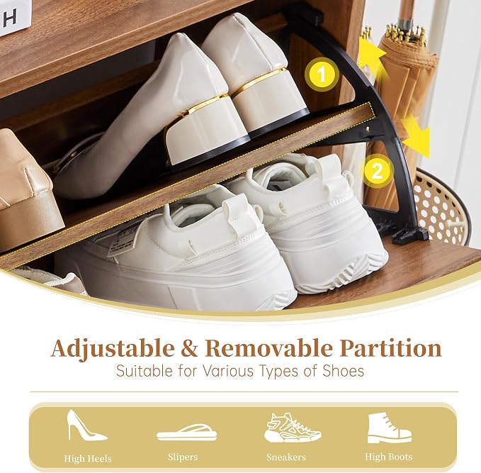BERRYMERRY 47.2” Shoe Storage Cabinet for Entryway with 4 Flip Drawers, Narrow Shoe Organizer with Wave&Fluted Panel, Freestanding Wood Hidden Shoe Cabinet for Hallway