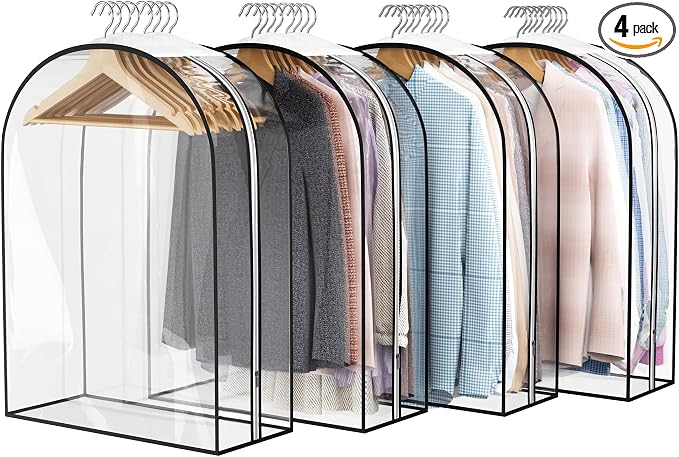 Liuoud Clear Garment Bag for Hanging Clothes 10” Gusseted, 32” Suit Bags for Open Closet Storage Plastic Clothes Cover for Coat, Dress, Shirts, Fur, Jacket, Wardrobe Protectors, 4 Pack