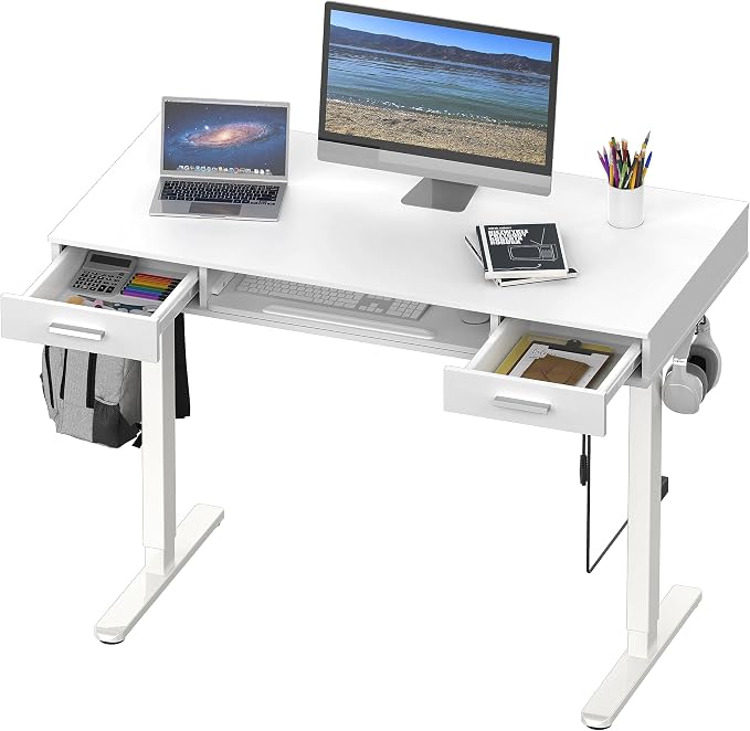 SHW 48-Inch Electric Height Adjustable Desk w/Keyboard Tray, White | w/ 2 Drawers | Memory Presets and Cable Management | Hanging Hooks