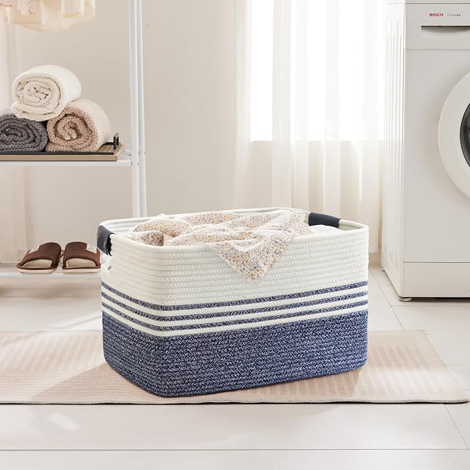 72L Woven Laundry Basket Hamper with Leather Handles,Denim Blue | 22"x17"x12", collapsible wicker hamper, storage for dirty clothes, toys, blankets, gifts, living room, bedroom, bathroom