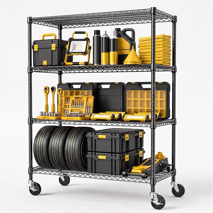 Wire Shelving Unit with Wheel, 53 inch Wide shelving for Pantry and Garage | 1200 LBS Adjustable Heavy Duty Shelves, 4 Tiers Rolling Metal Storage Rack for Basement, 23.6" D x 53.1" W x 73.6" H