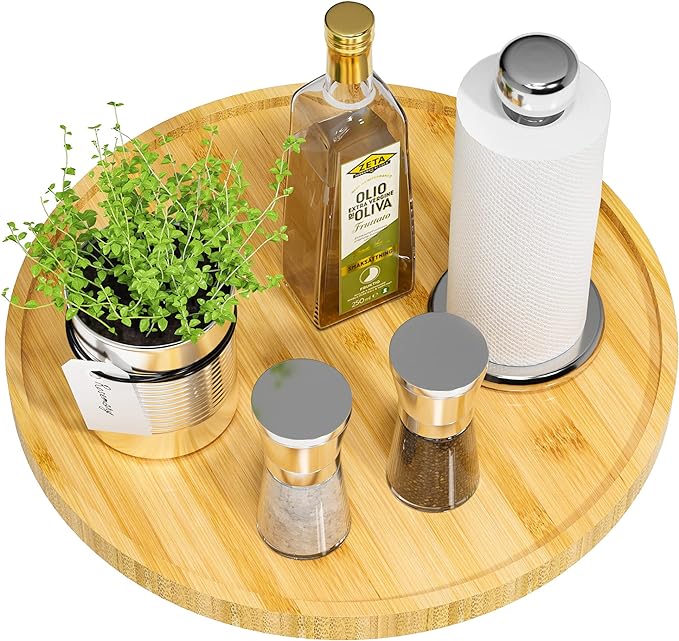 Lazy Susan Organizer, 13.2 Inch Non-Skid Bamboo Turntable | Kitchen Table Cabinets Closets and Kitchen Islands, Wood Turntable for Kitchen Countertop Organizer