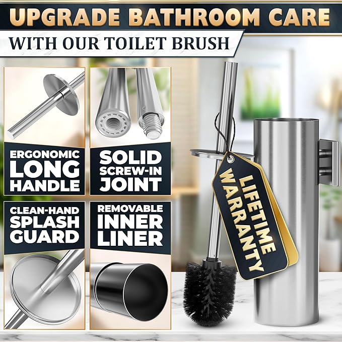 Wall Mounted Toilet Brush and Holder Set, Stainless Steel (Silver) | Stainless Steel Toilet Brush and Holder Set, Removable Inner Bowl, Dense Bristles, Rustproof, for Modern Bathroom Walls