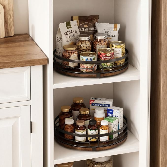 2 Pack 10" 12" Lazy Susan Turntable Organizer for Table Top, Round Wooden Lazy Susan for Cabinet, Countertop, Pantry, Spice, Kitchen, Bathroom Vanity, Coffee, Home Decor
