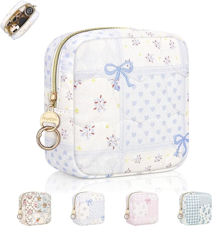 Quilted Small Makeup Pouch, Floral Cosmetic Bag for Purse, Blue | Floral Travel Makeup Pouch, Make Up Pouch for Women, Purse Organizer Pouches for Travel/ Gym/ Daily Use, Perfect Gifts