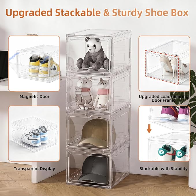 KEFA XL Shoe Storage Box Organizer, 12 Pack Shoe Boxes Clear Plastic Stackable, Sneaker Display Case Container Fit for US 12