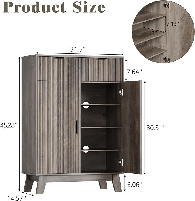 HUANLEGO Shoe Cabinet Storage for Entryway, 4 Tier Fluted Shoe Storage Cabinet with 2 Drawers, Narrow Hidden Shoe Organizer with Adjustable Shelves, Freestanding Shoe Rack for Entryway, Hallway, Grey