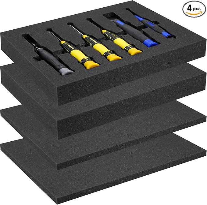 4pcs High Density Packing Foam Sheets, 2 Size Black Polyurethane Foam Padding, Cushioning Foam Inserts for Cases, Shipping, Storage Drawer (16" X 12" X 0.5" / 2")