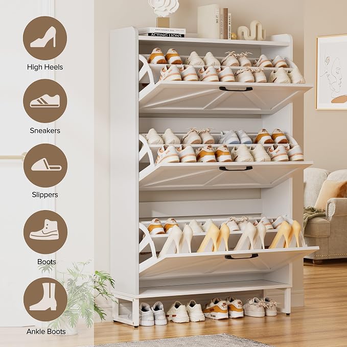 EOYUTLLY Shoe Cabinet Storage for Entryway, Narrow Shoe Rack with 3 Flip Drawers, Freestanding Hidden Shoe Rack Storage Organizer, Slim Shoe Cabinet White with Metal Legs