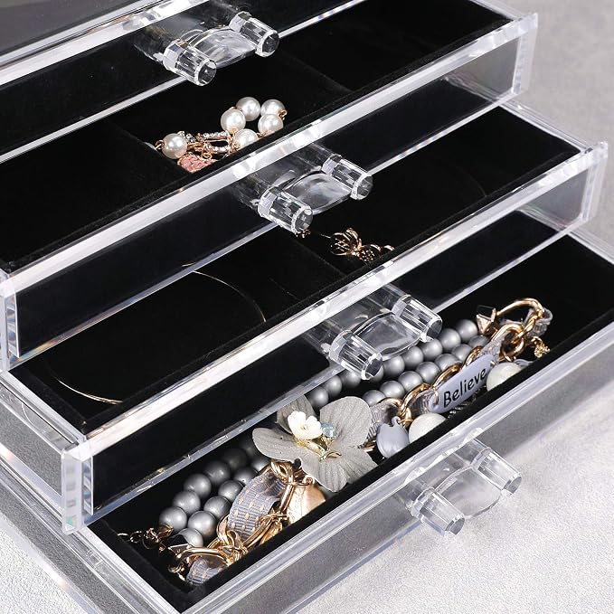 Frebeauty Extra Large Acrylic Jewelry Box for Women 5 Layers Clear Jewelry Organizer Velvet Earring Box with 5 Drawers Rings Display Case Necklaces Holder Tray for Women Girls (Black) | Jewelry Storage for Rings Earrings Bracelets,Dustproof,Velvet Lini...