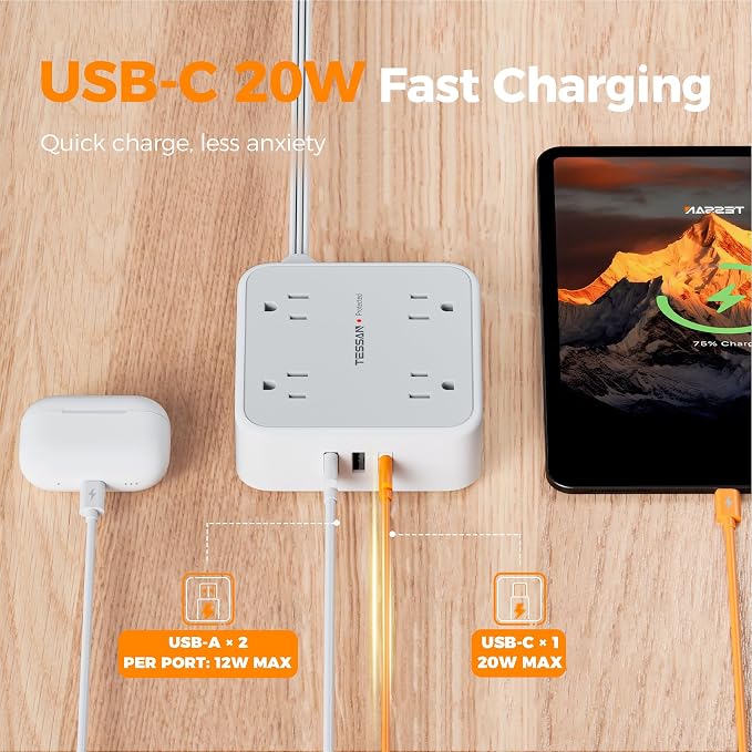 TESSAN Surge Protector Power Strip, 5 Ft Flat Plug Extension Cord with 3 USB (1 USB C 20W PD) 8 Outlets, 900J Protection, 3 Sided Outlet Extender with Power Switch for Office, Dorm Room, Grey