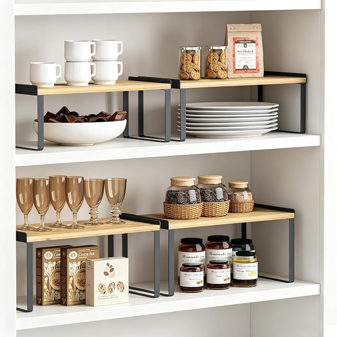 Goozii Kitchen Cabinet Shelf Organizer Set of 4, Stackable Cabinet Shelves Riser for Plates Dishes Cups Mugs Spices, Pantry Cupboard Cabinet Organizers and Storage Shelves Rack Insert for Counter