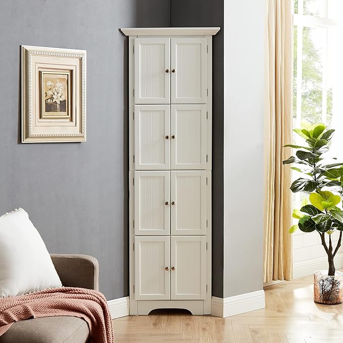Tall Corner Bookcase Storage Cabinet with Doors and 4 Shelves, Freestanding Triangle Cabinet for Living Room, Kitchen, Office, Small Space, Floor Corner Storage Rack (White)