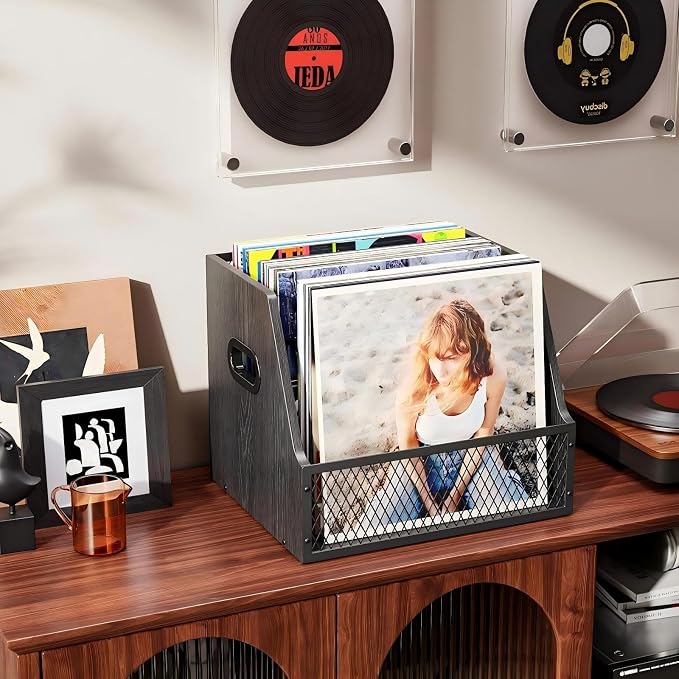 Vinyl Record Storage with Separators, Record Storage Box for 7/10/12 inch 60+ Vinyl Records Organizer Cases Wood Crate for Magazine Holder Black